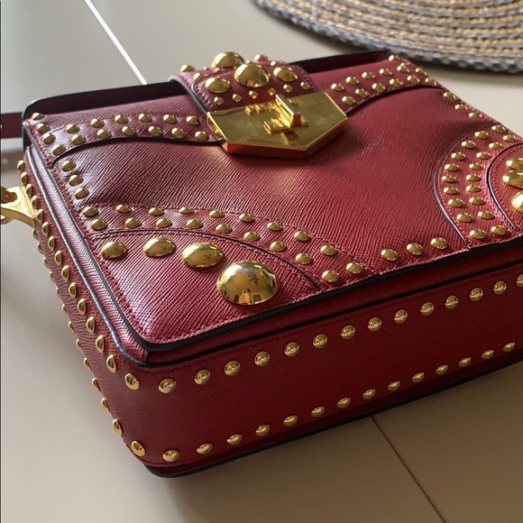 PRADA Studded Staffiano Red Shoulder Bag - Picture 4 of 6